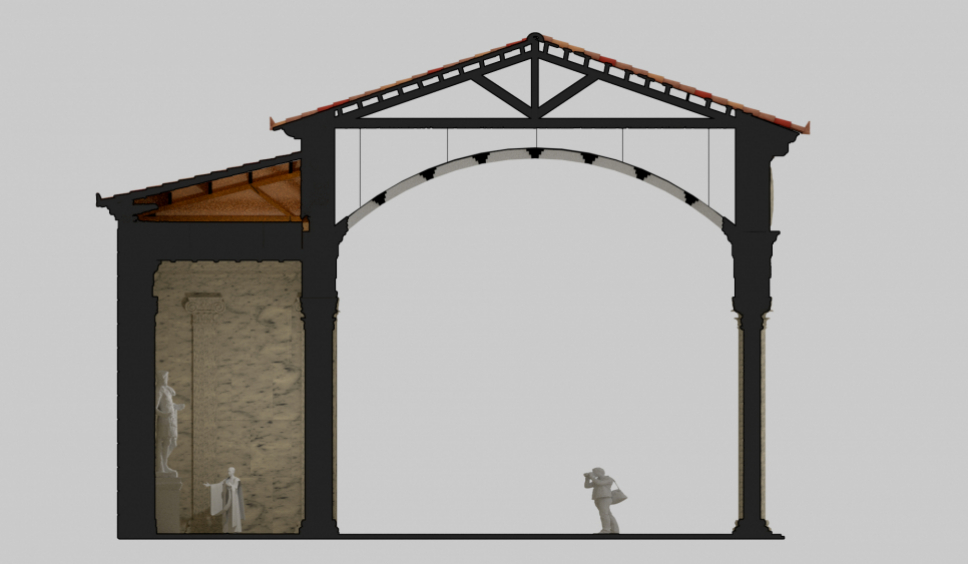 Restitució virtual de l’espai actual del Museu bíblic en època romana amb els pòrtics i l’exedra del recinte de culte imperial (imatge de Silvia Fibla).